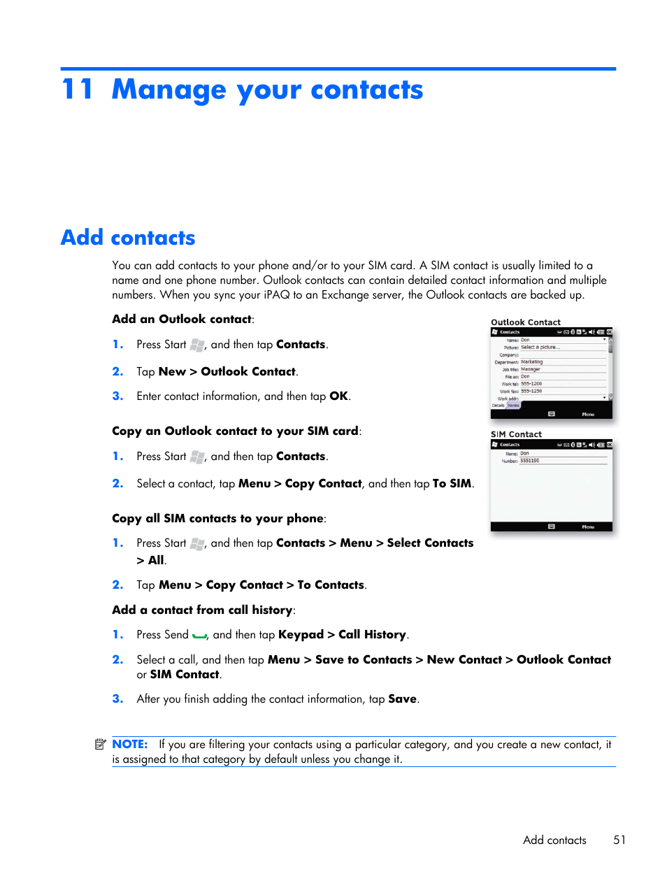 Manage your contacts, Add contacts, 11 manage your contacts | HP iPAQ Glisten User Manual | Page 63 / 185