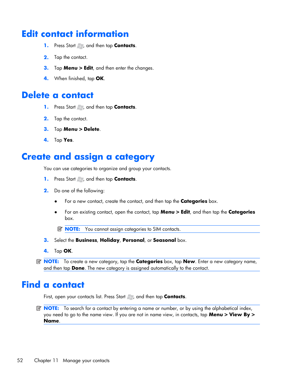 Edit contact information, Delete a contact, Create and assign a category | Find a contact | HP iPAQ Glisten User Manual | Page 64 / 185