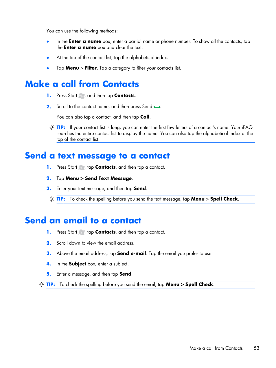 Make a call from contacts, Send a text message to a contact, Send an email to a contact | HP iPAQ Glisten User Manual | Page 65 / 185