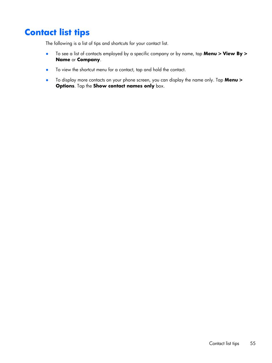 Contact list tips | HP iPAQ Glisten User Manual | Page 67 / 185
