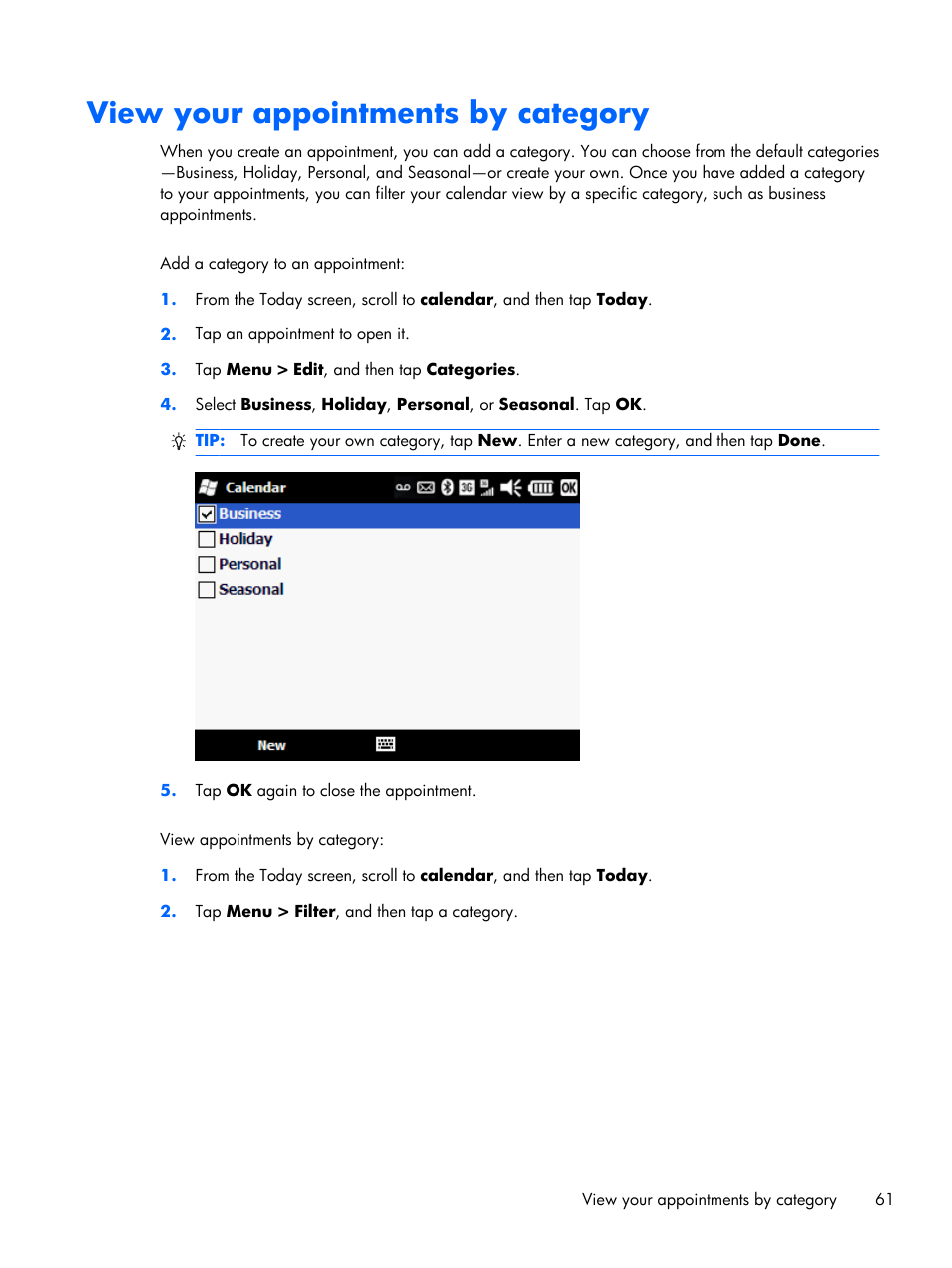 View your appointments by category | HP iPAQ Glisten User Manual | Page 73 / 185