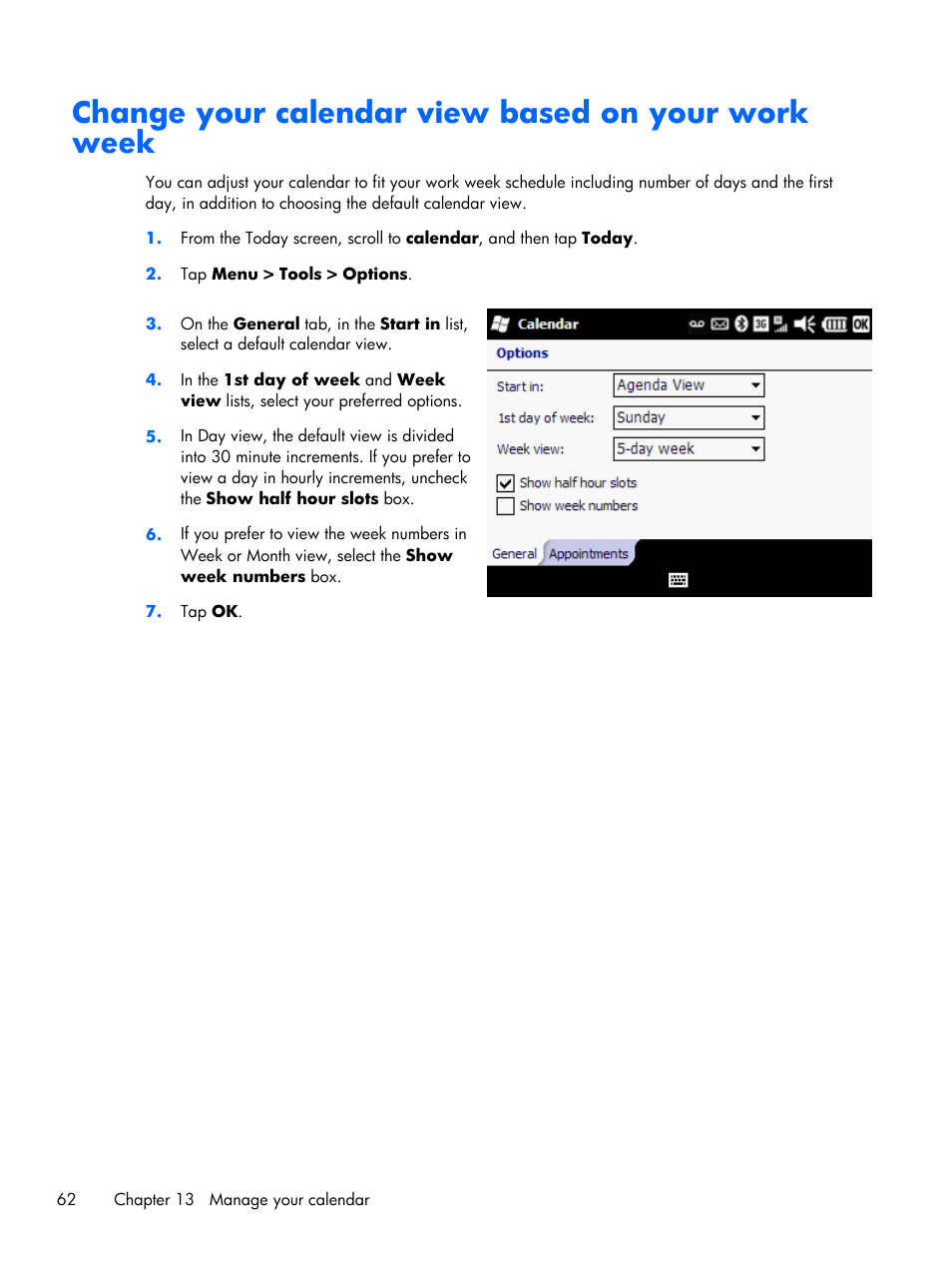 Change your calendar view based on your work week | HP iPAQ Glisten User Manual | Page 74 / 185