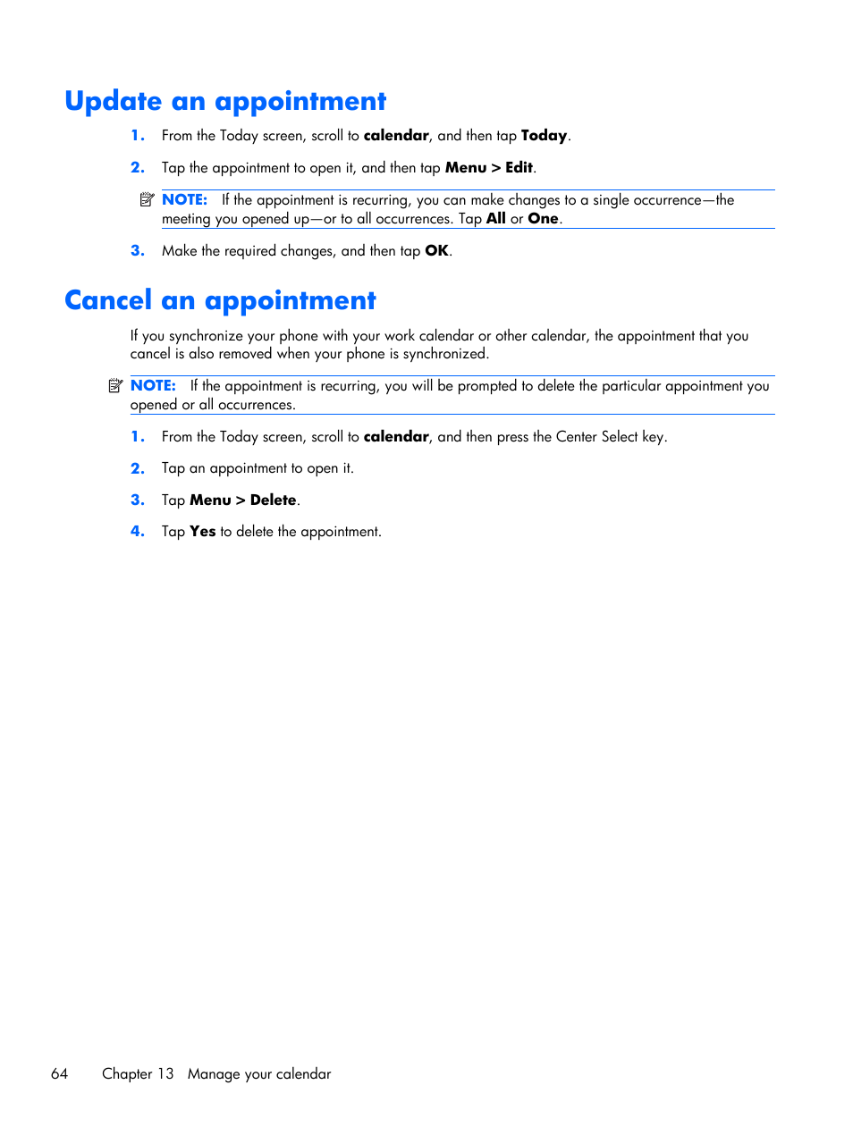 Update an appointment, Cancel an appointment, Update an appointment cancel an appointment | HP iPAQ Glisten User Manual | Page 76 / 185