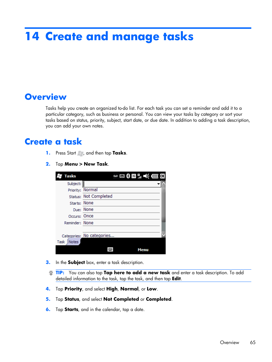 Create and manage tasks, Overview, Create a task | 14 create and manage tasks, Overview create a task | HP iPAQ Glisten User Manual | Page 77 / 185