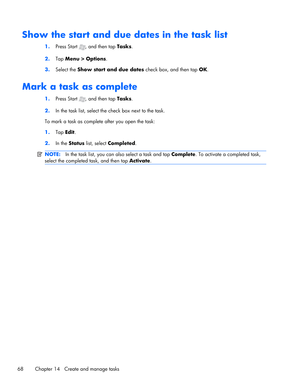 Show the start and due dates in the task list, Mark a task as complete | HP iPAQ Glisten User Manual | Page 80 / 185