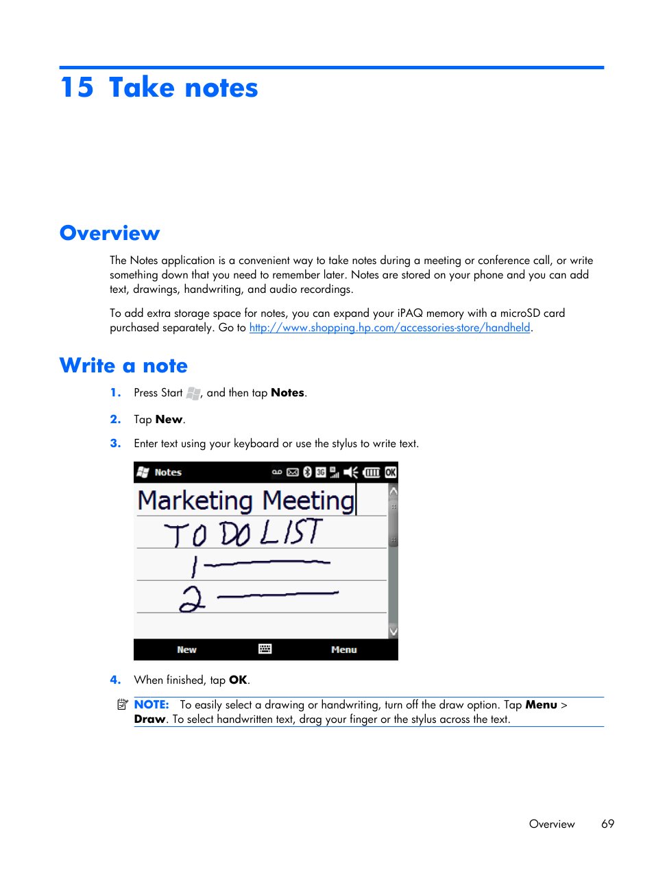 Take notes, Overview, Write a note | 15 take notes, Overview write a note | HP iPAQ Glisten User Manual | Page 81 / 185