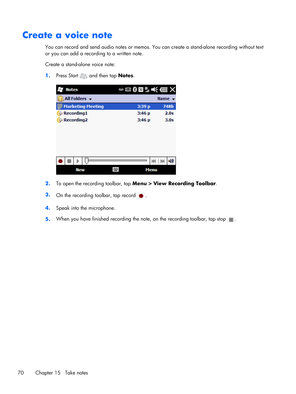 Create a voice note | HP iPAQ Glisten User Manual | Page 82 / 185