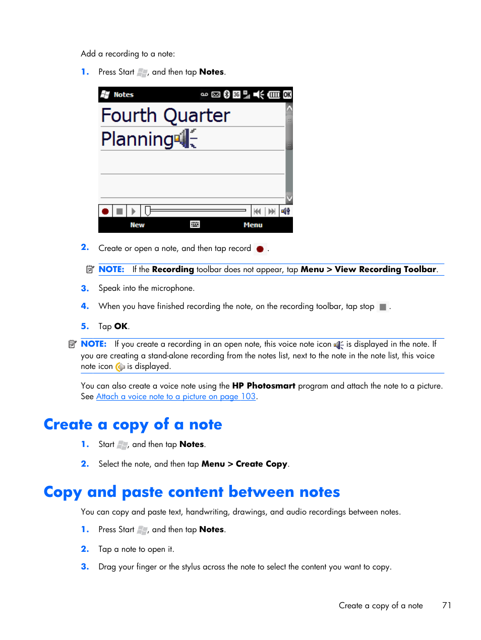 Create a copy of a note, Copy and paste content between notes | HP iPAQ Glisten User Manual | Page 83 / 185