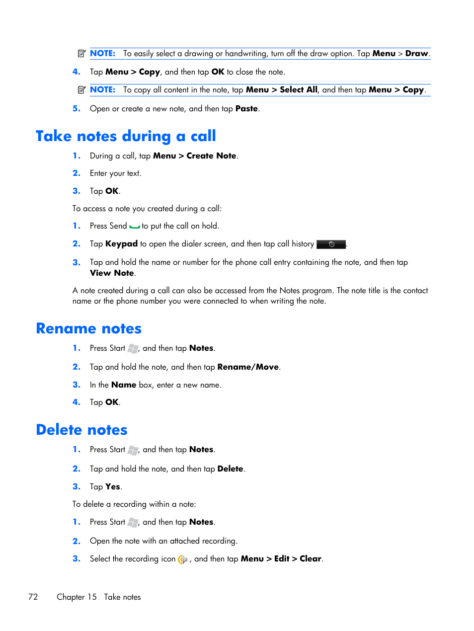 Take notes during a call, Rename notes, Delete notes | Take notes during a call rename notes delete notes | HP iPAQ Glisten User Manual | Page 84 / 185