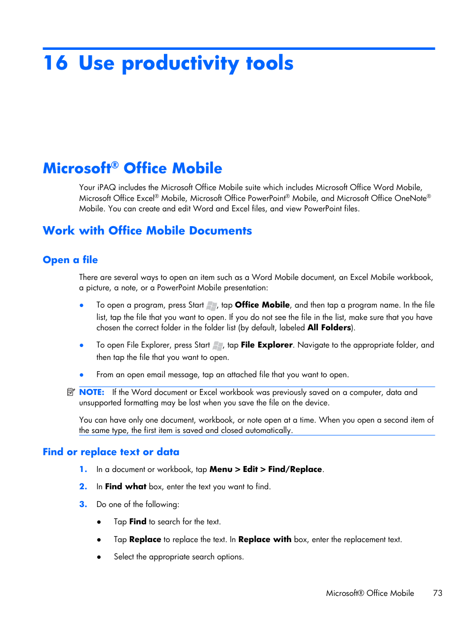 Use productivity tools, Microsoft® office mobile, Work with office mobile documents | Open a file, Find or replace text or data, 16 use productivity tools, Open a file find or replace text or data, Microsoft, Office mobile | HP iPAQ Glisten User Manual | Page 85 / 185