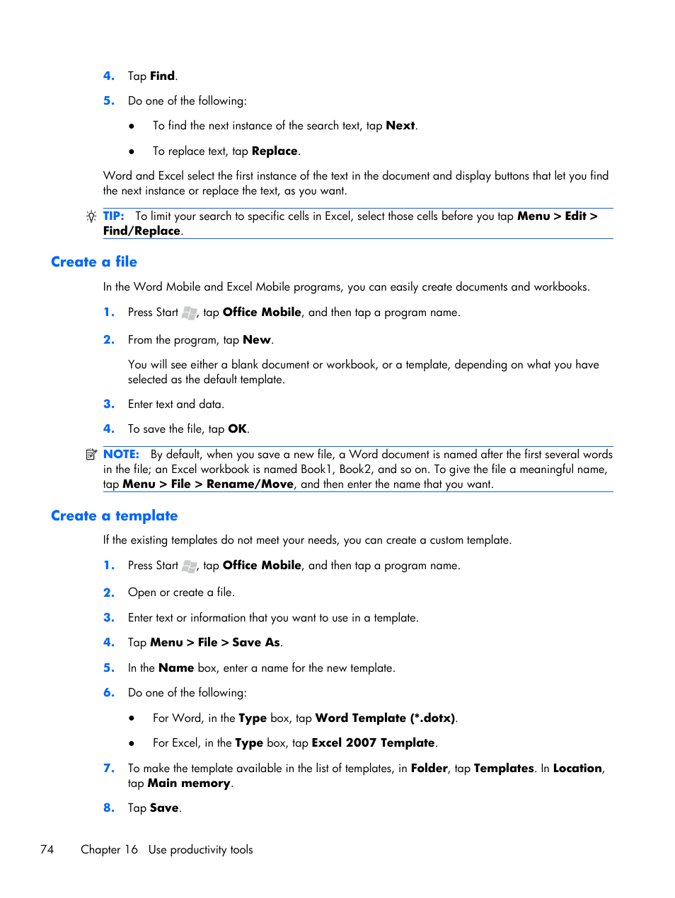 Create a file, Create a template, Create a file create a template | HP iPAQ Glisten User Manual | Page 86 / 185