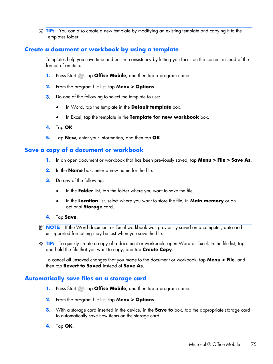 Create a document or workbook by using a template, Save a copy of a document or workbook, Automatically save files on a storage card | HP iPAQ Glisten User Manual | Page 87 / 185