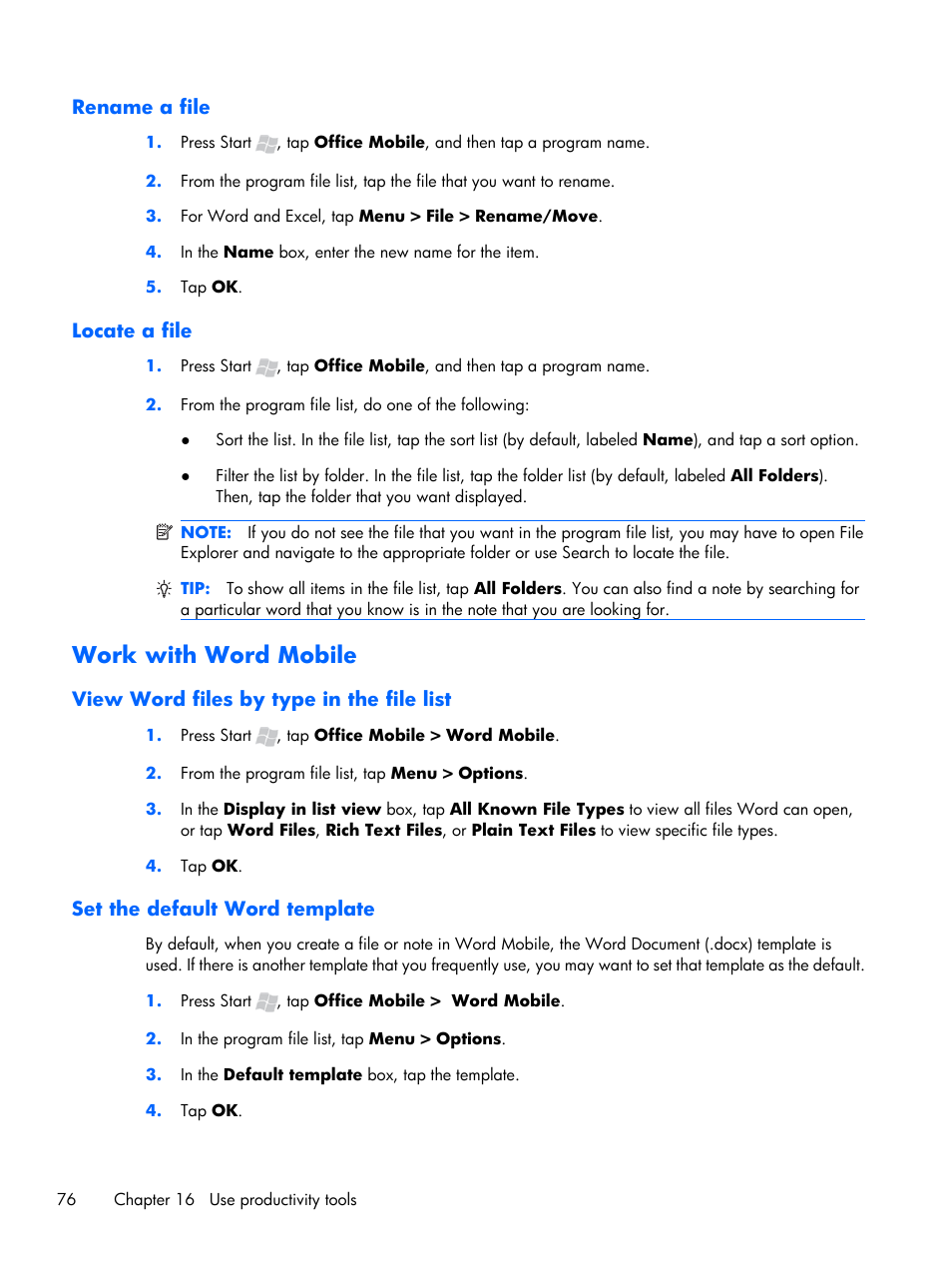 Rename a file, Locate a file, Work with word mobile | View word files by type in the file list, Set the default word template, Rename a file locate a file | HP iPAQ Glisten User Manual | Page 88 / 185