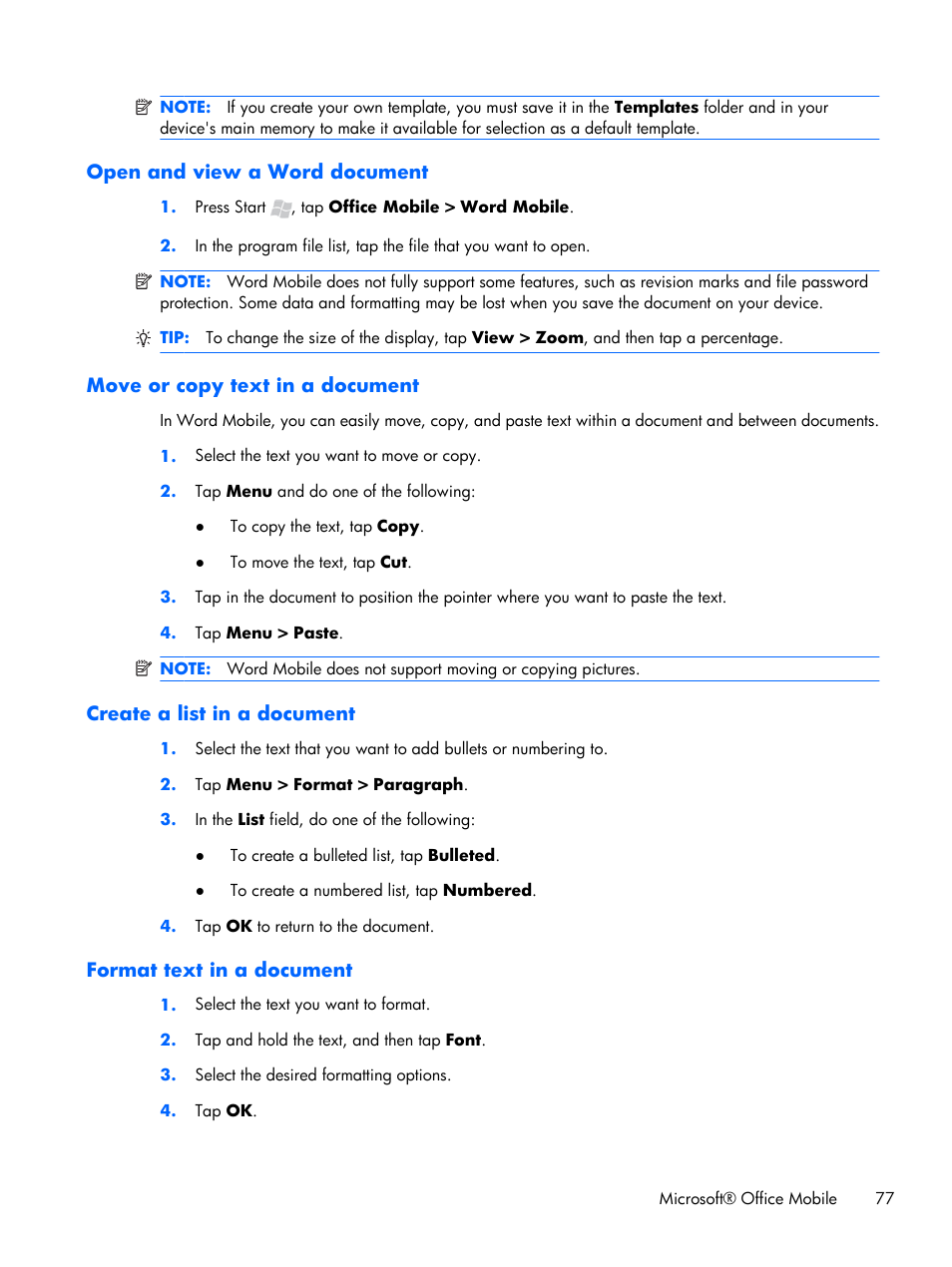 Open and view a word document, Move or copy text in a document, Create a list in a document | Format text in a document | HP iPAQ Glisten User Manual | Page 89 / 185