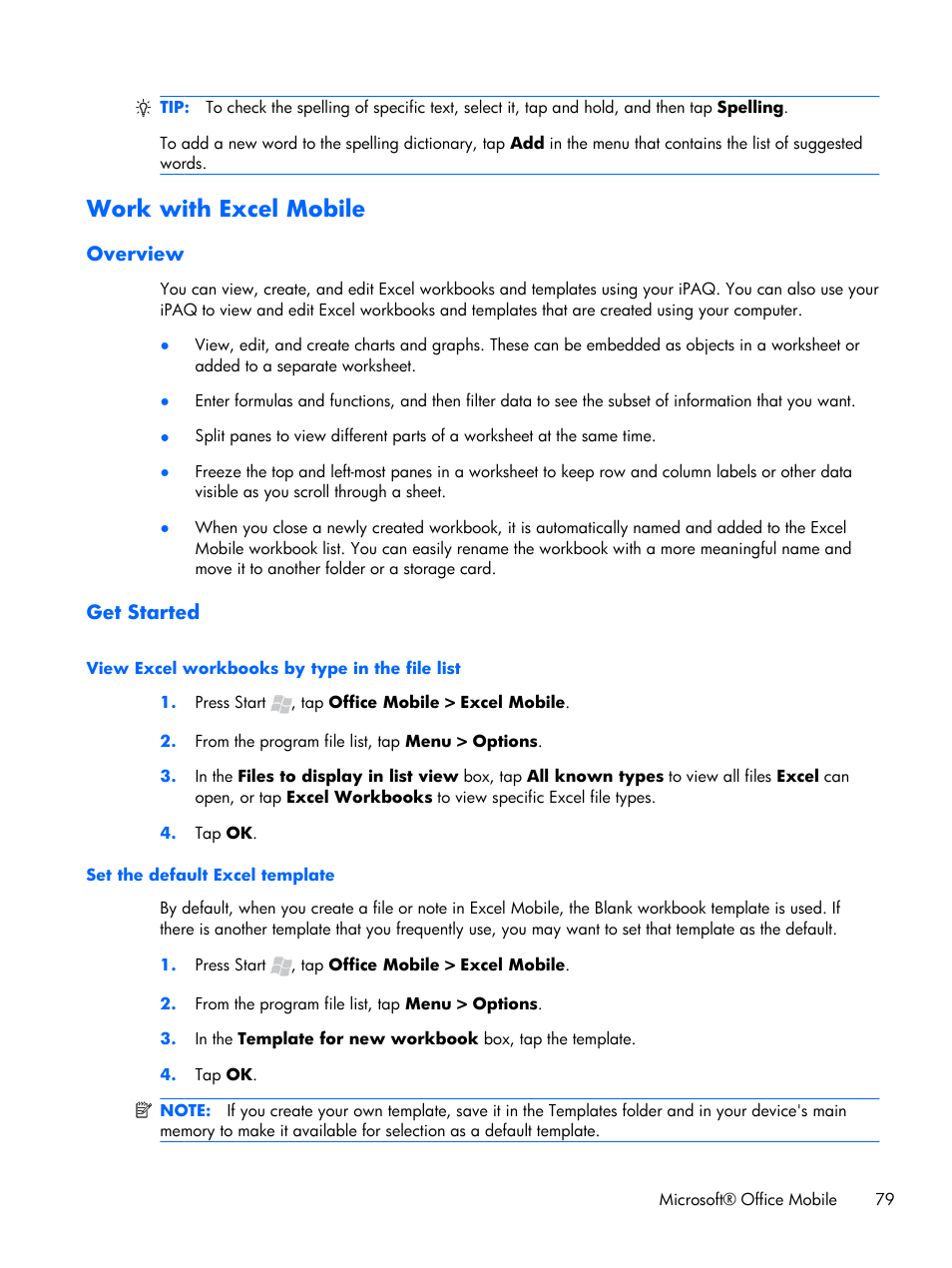 Work with excel mobile, Overview, Get started | View excel workbooks by type in the file list, Set the default excel template, Overview get started | HP iPAQ Glisten User Manual | Page 91 / 185