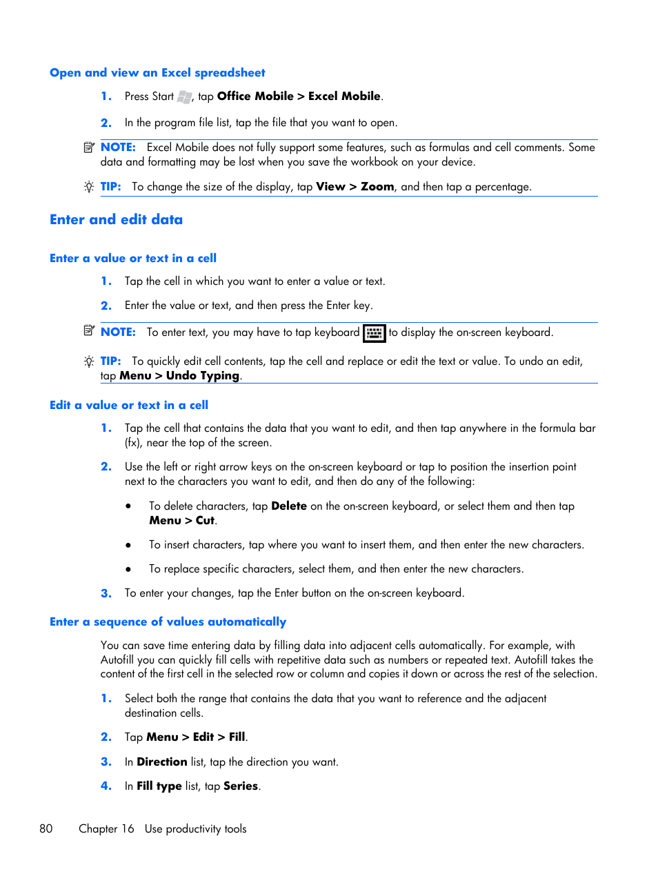 Open and view an excel spreadsheet, Enter and edit data, Enter a value or text in a cell | Edit a value or text in a cell, Enter a sequence of values automatically | HP iPAQ Glisten User Manual | Page 92 / 185