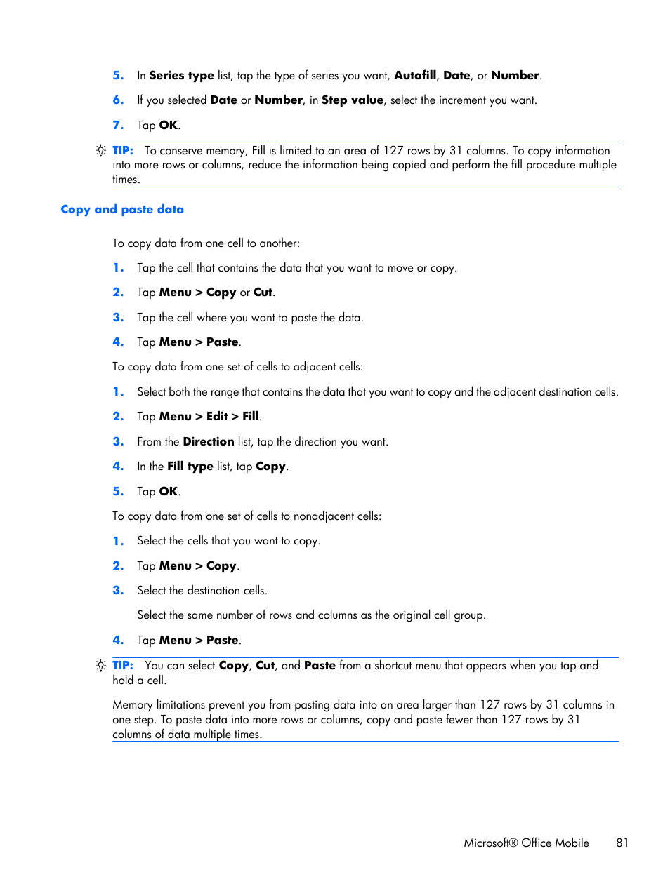 Copy and paste data | HP iPAQ Glisten User Manual | Page 93 / 185