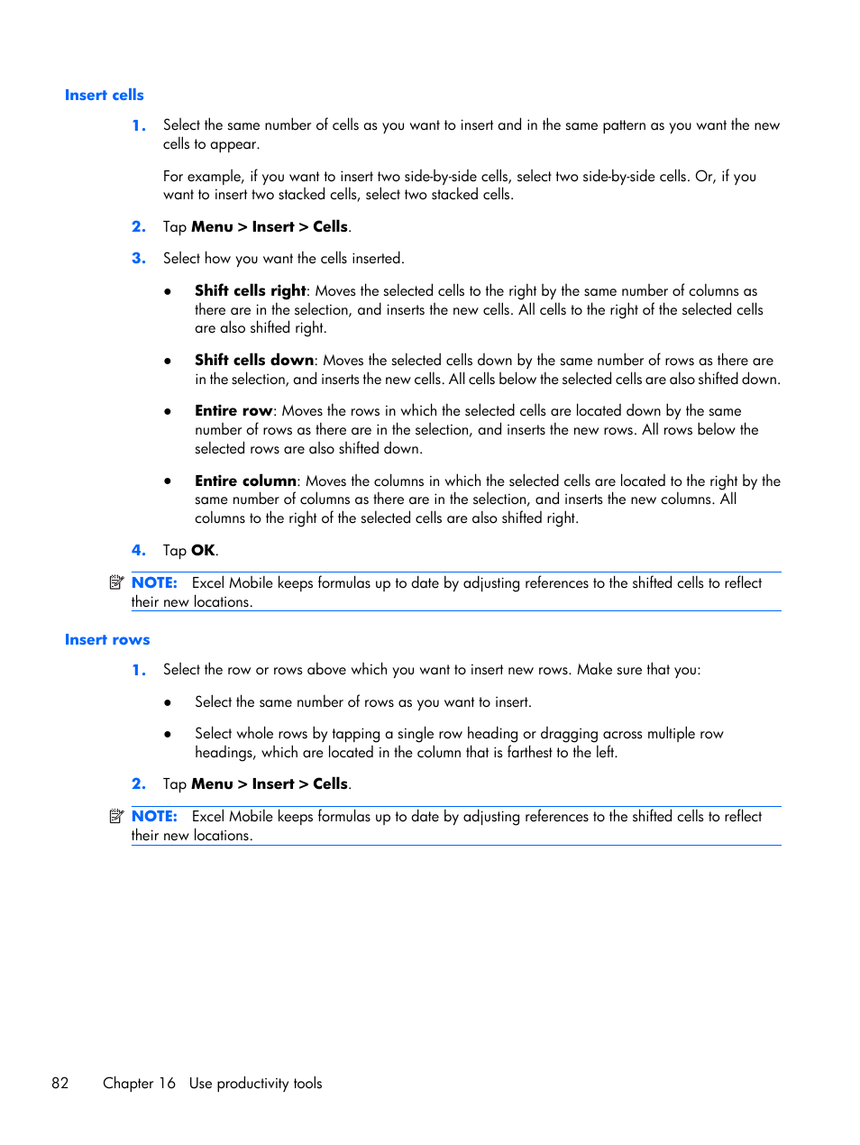 Insert cells, Insert rows, Insert cells insert rows | HP iPAQ Glisten User Manual | Page 94 / 185