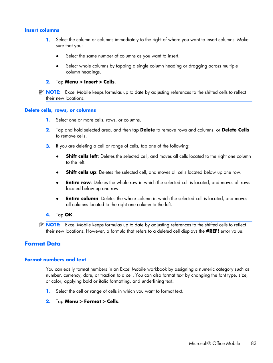 Insert columns, Delete cells, rows, or columns, Format data | Format numbers and text, Insert columns delete cells, rows, or columns | HP iPAQ Glisten User Manual | Page 95 / 185