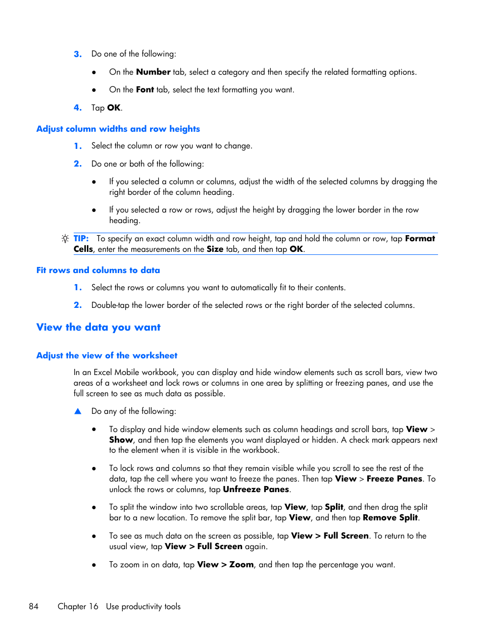 Adjust column widths and row heights, Fit rows and columns to data, View the data you want | Adjust the view of the worksheet | HP iPAQ Glisten User Manual | Page 96 / 185