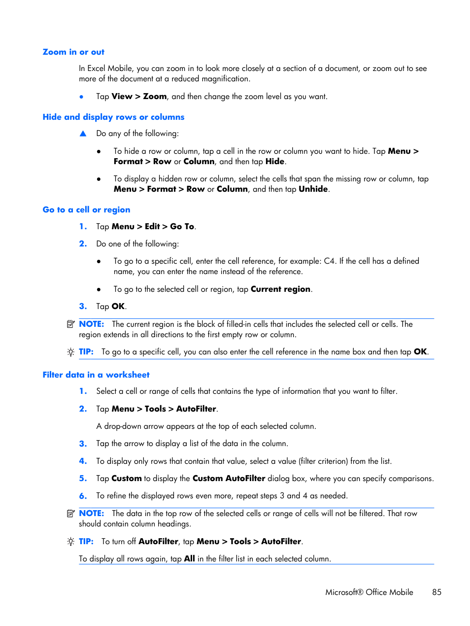 Zoom in or out, Hide and display rows or columns, Go to a cell or region | Filter data in a worksheet | HP iPAQ Glisten User Manual | Page 97 / 185
