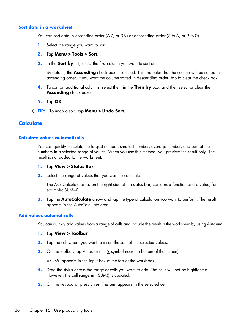 Sort data in a worksheet, Calculate, Calculate values automatically | Add values automatically | HP iPAQ Glisten User Manual | Page 98 / 185