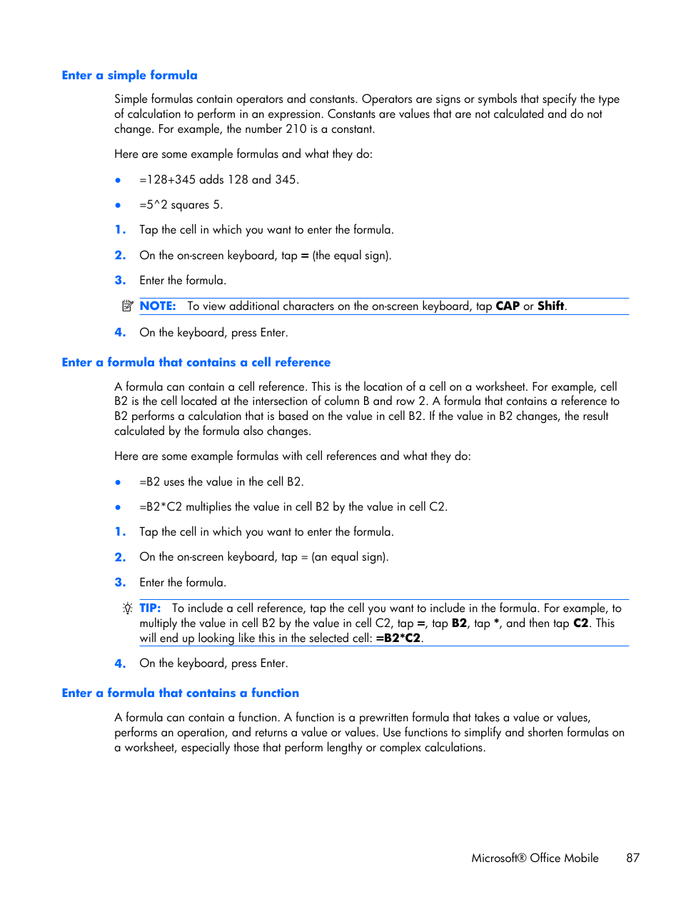 Enter a simple formula, Enter a formula that contains a cell reference, Enter a formula that contains a function | HP iPAQ Glisten User Manual | Page 99 / 185