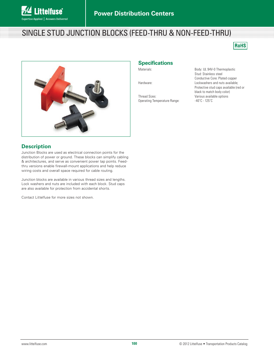 Power distribution centers, Description, Specifications | Littelfuse Junction Blocks Series User Manual | Page 2 / 3