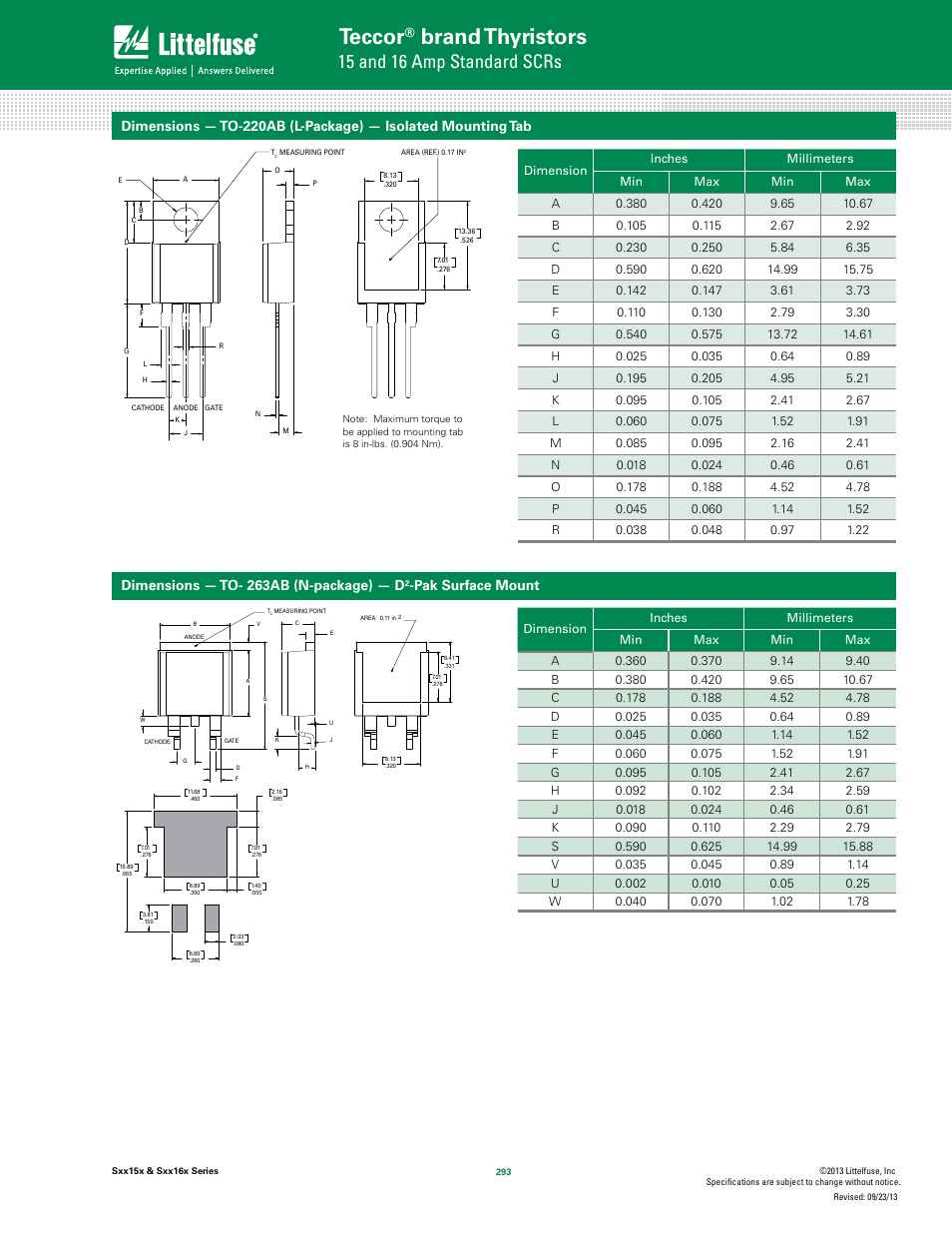 Teccor, Brand thyristors, 15 and 16 amp standard scrs | Dimensions — to- 263ab (n-package) — d, Pak surface mount | Littelfuse Sxx16x Series User Manual | Page 7 / 8