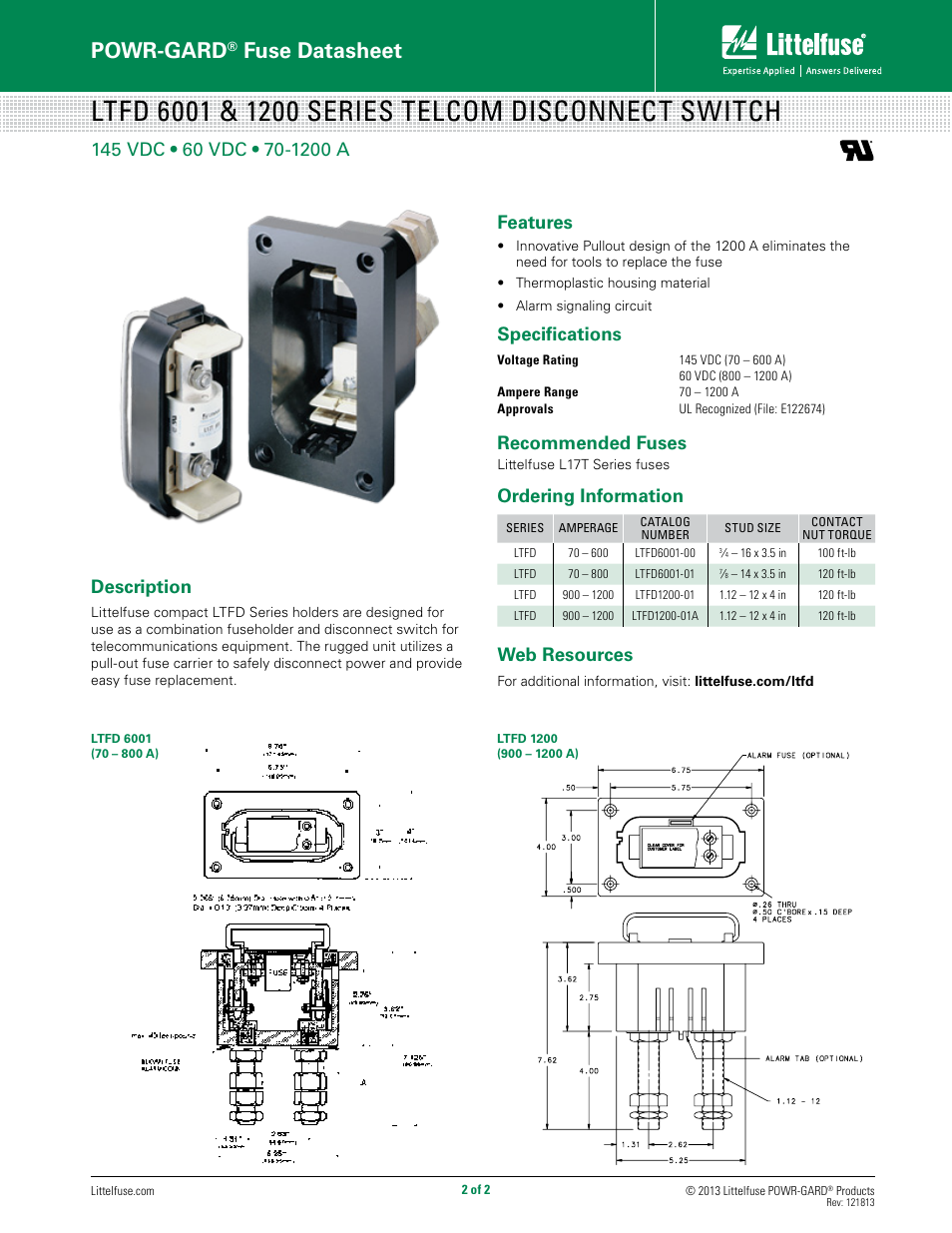 Powr-gard, Fuse datasheet, Specifications | Recommended fuses, Web resources, Description, Ordering information | Littelfuse LTFD 6001 Series User Manual | Page 2 / 2