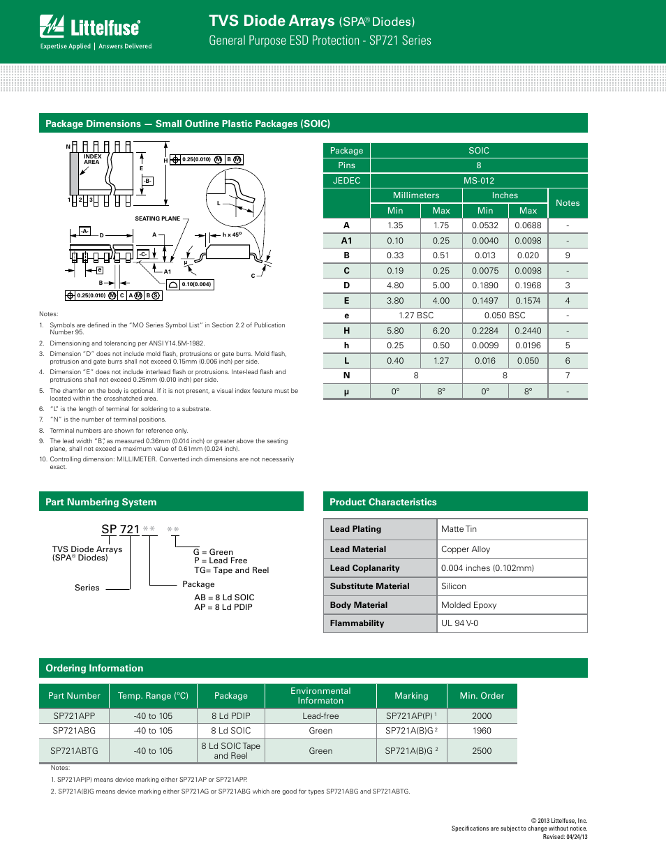 Tvs diode arrays, General purpose esd protection - sp721 series, Diodes) | Sp 721 | Littelfuse SP721 Lead-Free_Green Series User Manual | Page 6 / 6