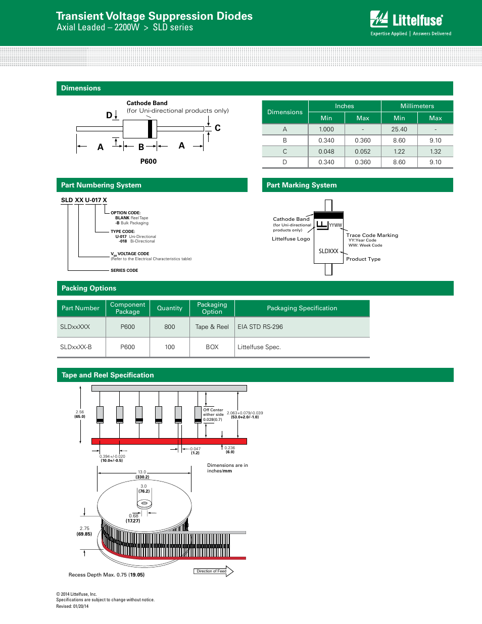 Transient voltage suppression diodes, Axial leaded – 2200w > sld series, Da a c b | Littelfuse SLD Series User Manual | Page 5 / 5