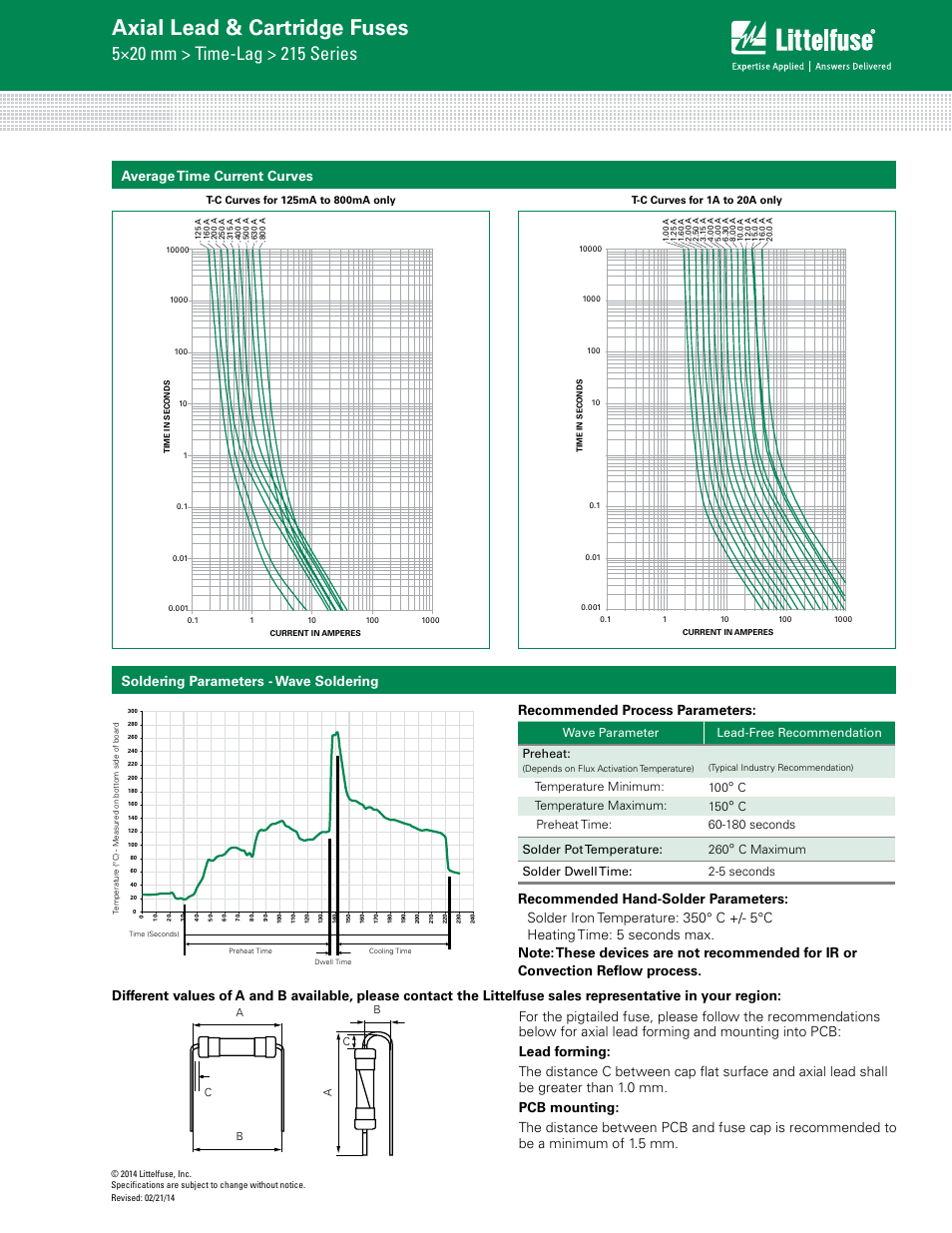 Axial lead & cartridge fuses, Average time current curves, Soldering parameters - wave soldering | Wave parameter lead-free recommendation preheat, Temperature minimum: 100, Ctemperature maximum: 150, C maximum solder dwell time: 2-5 seconds | Littelfuse 215 Series User Manual | Page 3 / 4