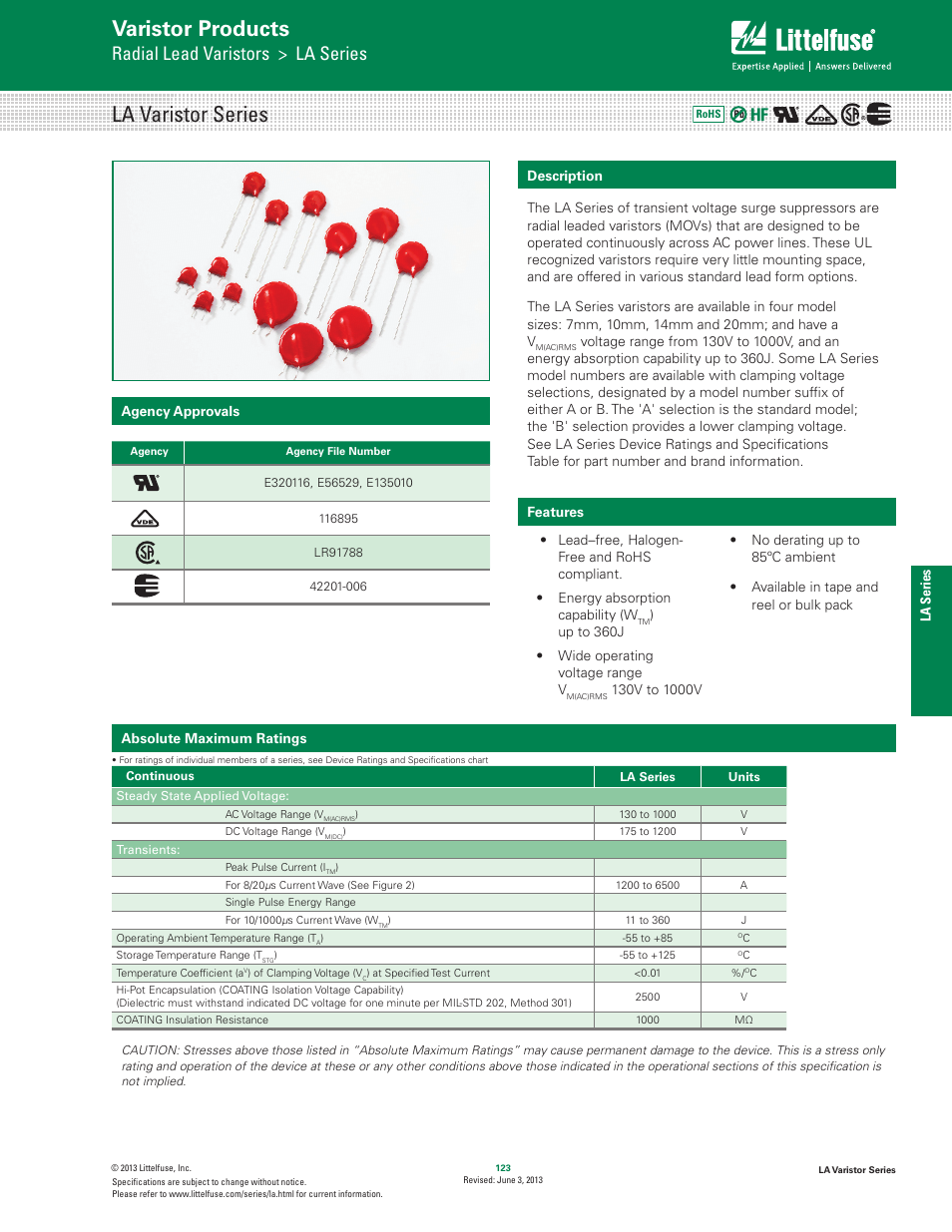 Littelfuse LA Varistor Series User Manual | 13 pages