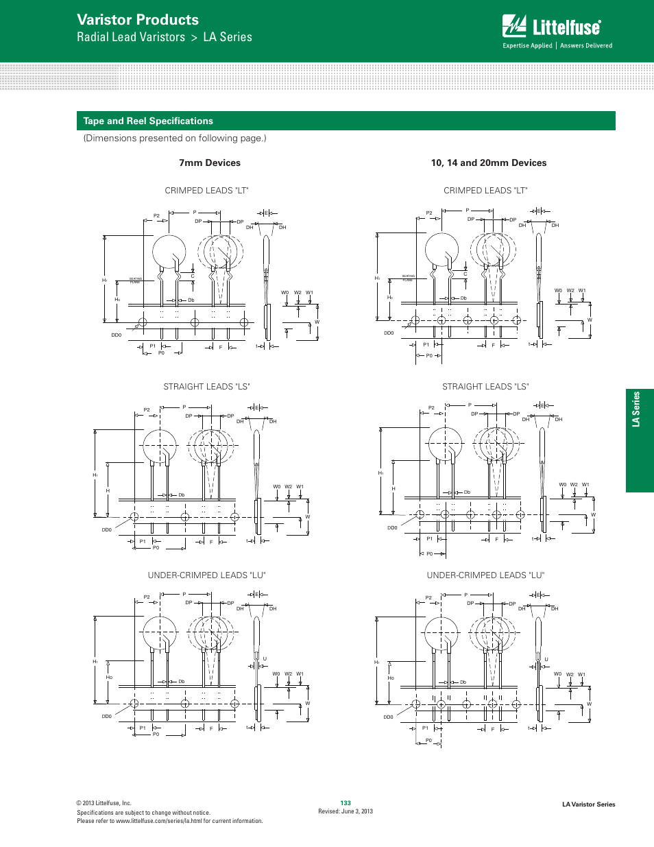 Varistor products, Radial lead varistors > la series, La series tape and reel speciﬁcations | Dimensions presented on following page.), Crimped leads "lt, Under-crimped leads "lu, Straight leads "ls | Littelfuse LA Varistor Series User Manual | Page 11 / 13