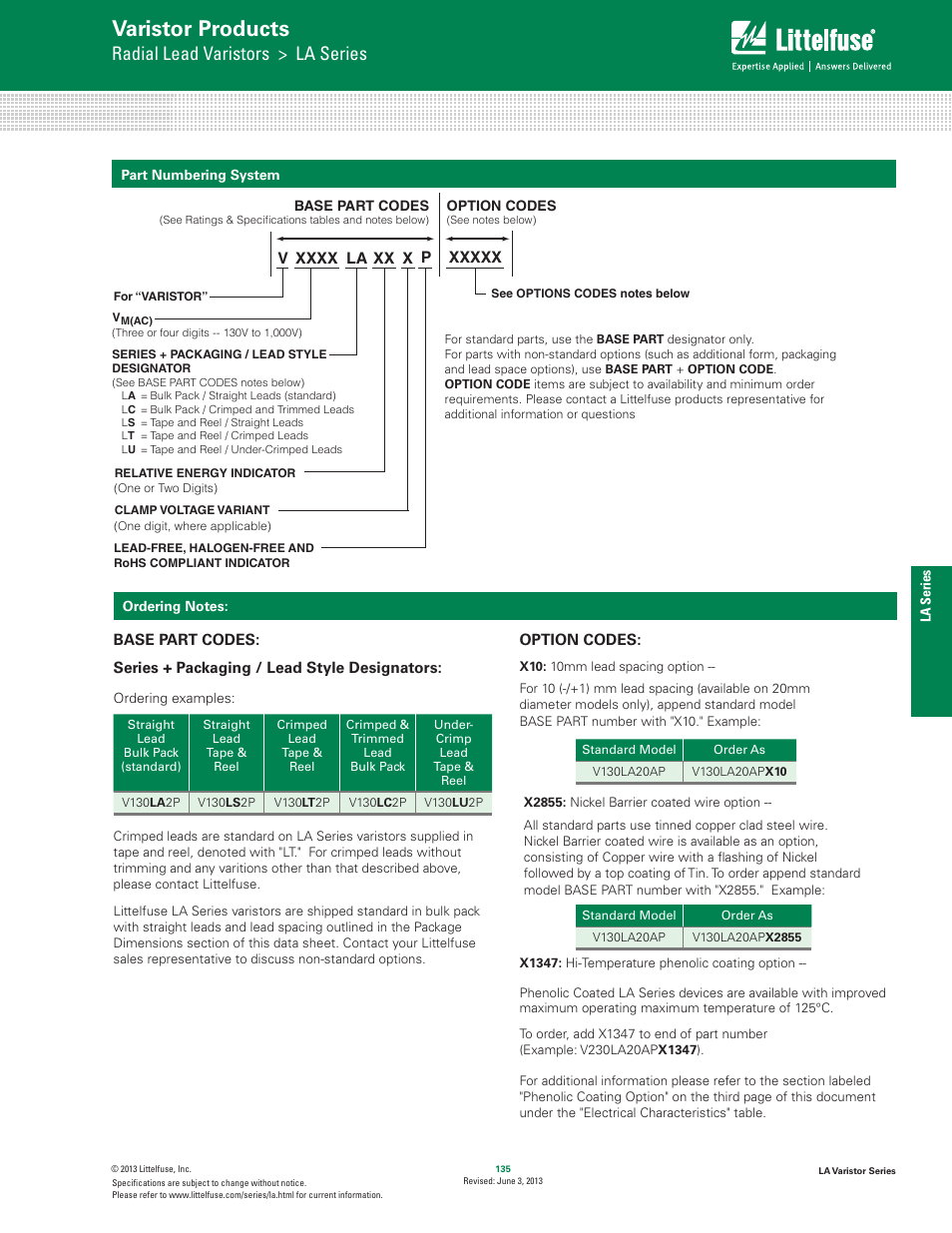 Varistor products, Radial lead varistors > la series | Littelfuse LA Varistor Series User Manual | Page 13 / 13