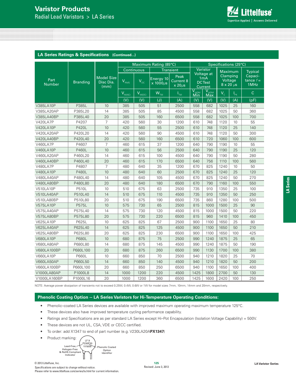 Varistor products, Radial lead varistors > la series | Littelfuse LA Varistor Series User Manual | Page 3 / 13