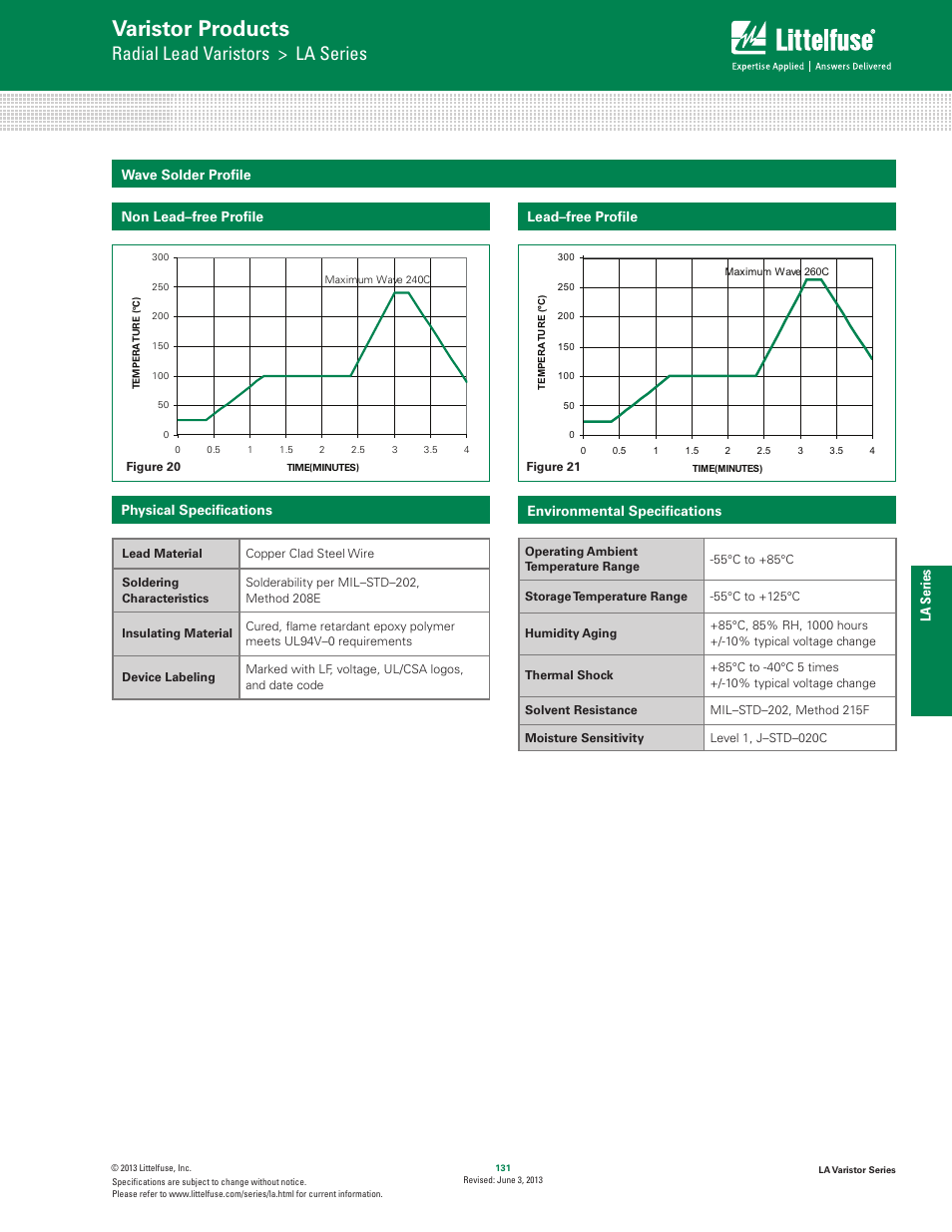 Varistor products, Radial lead varistors > la series, La series wave solder proﬁle | Physical speciﬁcations environmental speciﬁcations, Lead–free proﬁle, Non lead–free proﬁle | Littelfuse LA Varistor Series User Manual | Page 9 / 13