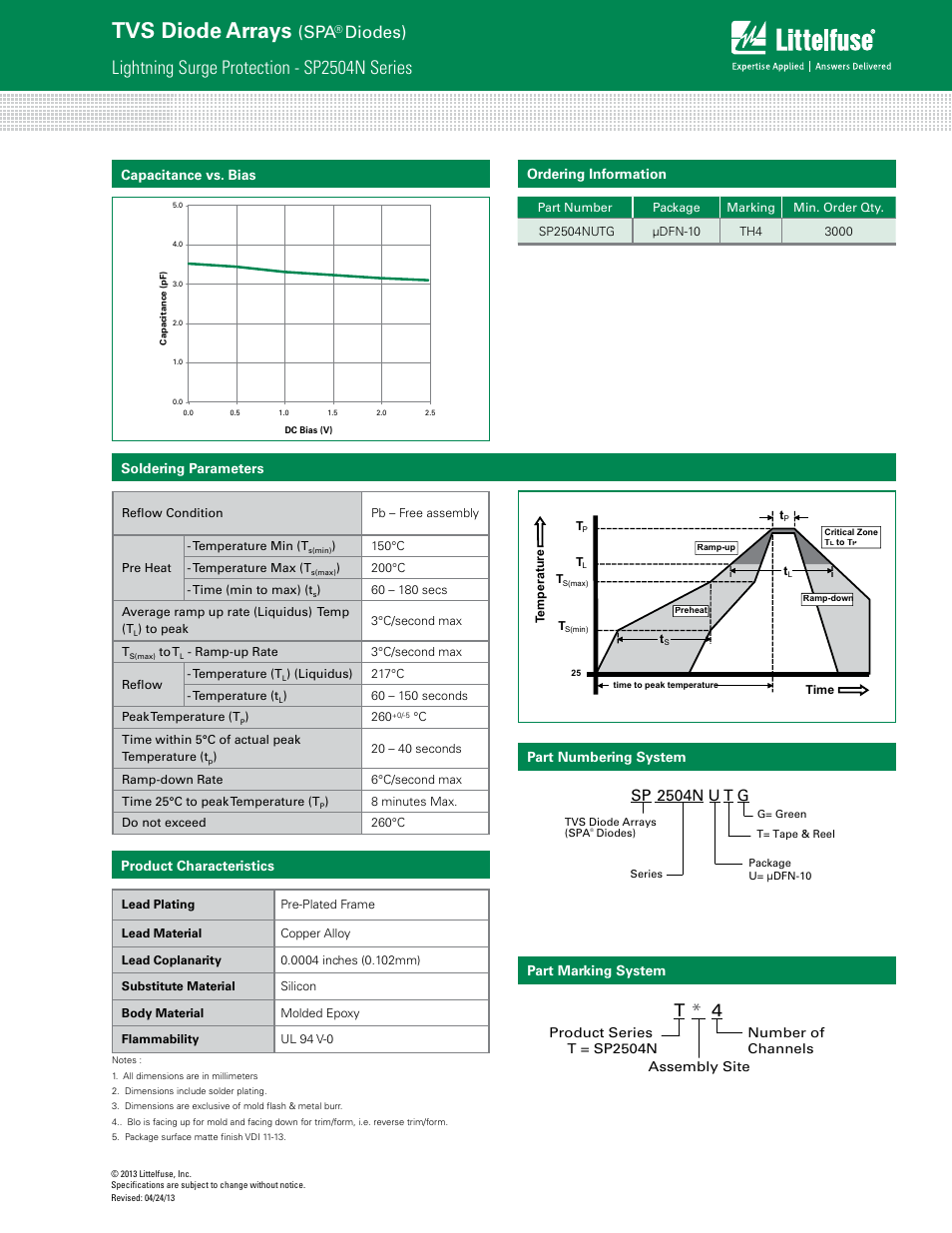 Tvs diode arrays, Lightning surge protection - sp2504n series, Diodes) | T* 4, Sp 2504n u t g | Littelfuse SP2504N Series User Manual | Page 3 / 4