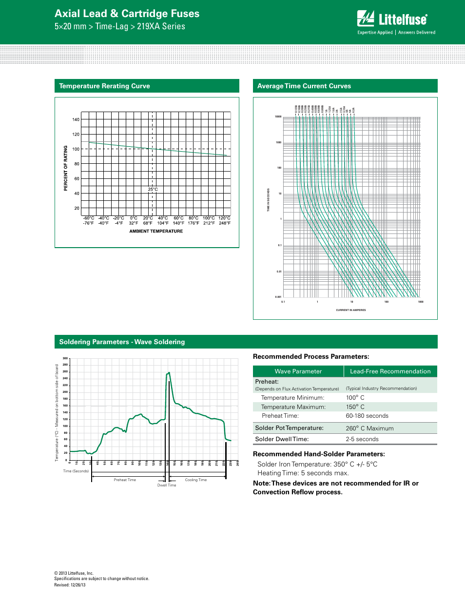 Axial lead & cartridge fuses, Average time current curves, Wave parameter lead-free recommendation preheat | Temperature minimum: 100, Ctemperature maximum: 150, C maximum solder dwell time: 2-5 seconds | Littelfuse 219XA Series User Manual | Page 3 / 4