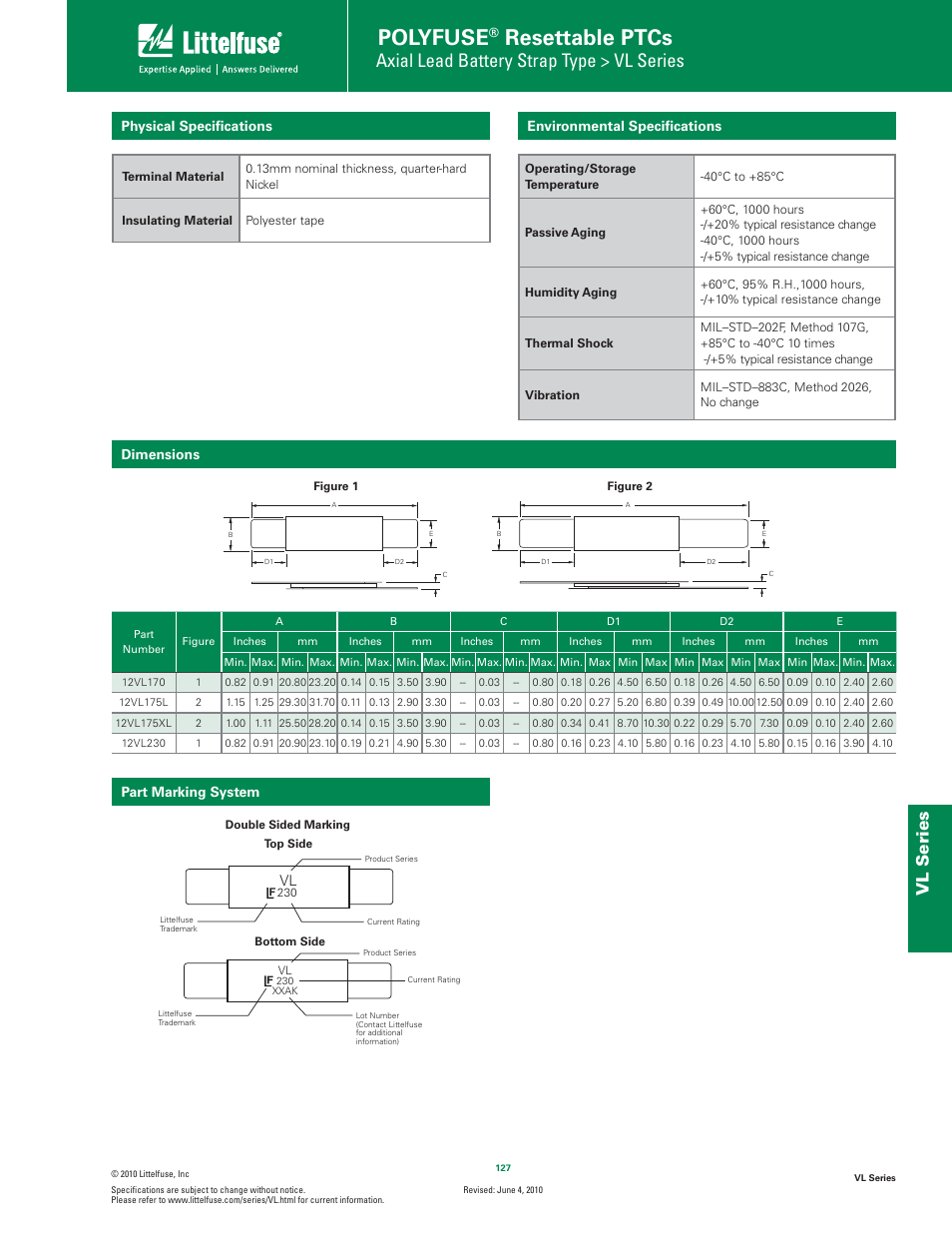 Polyfuse, Resettable ptcs, Axial lead battery strap type > vl series | Vl s eries | Littelfuse VL Series User Manual | Page 3 / 4