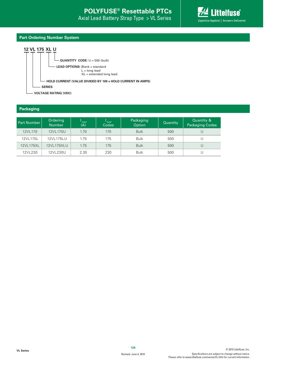 Polyfuse, Resettable ptcs, Axial lead battery strap type > vl series | Littelfuse VL Series User Manual | Page 4 / 4