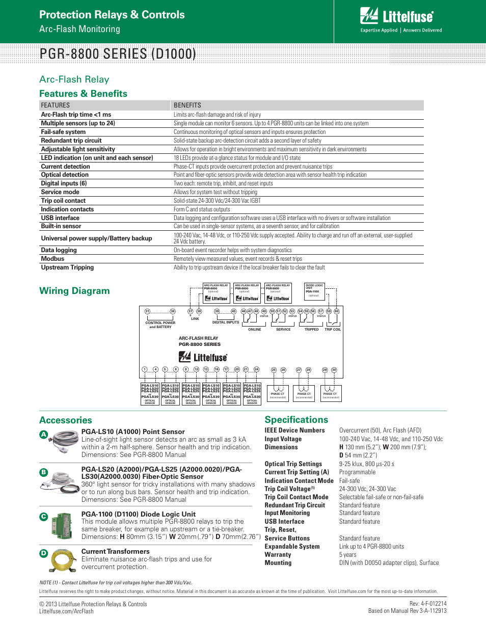 Protection relays & controls, Wiring diagram, Features & benefits | Arc-flash relay, Specifications, Accessories, Arc-flash monitoring, Features benefits | Littelfuse PGR-8800 Series User Manual | Page 2 / 2