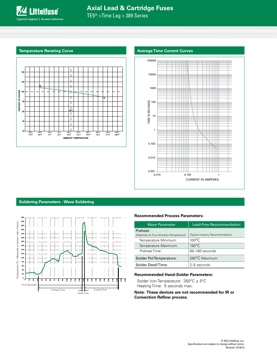 Axial lead & cartridge fuses, Time lag > 389 series, Soldering parameters - wave soldering | Wave parameter lead-free recommendation preheat, Temperature minimum: 100, Temperature maximum: 150, Maximum solder dwell time: 2–5 seconds | Littelfuse 389 Series User Manual | Page 2 / 3
