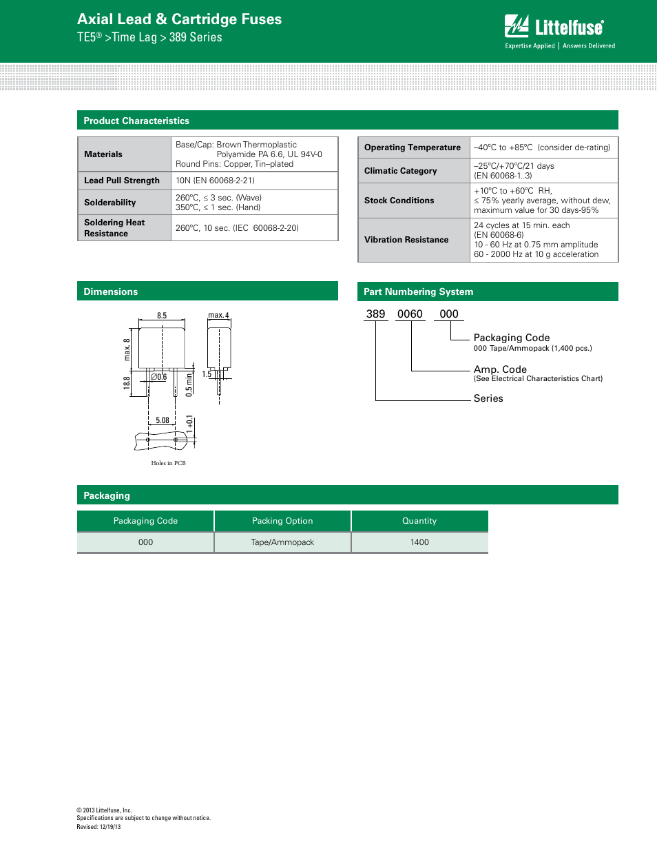 Axial lead & cartridge fuses, Time lag > 389 series | Littelfuse 389 Series User Manual | Page 3 / 3