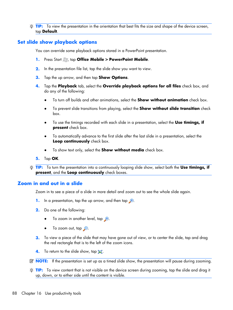 Set slide show playback options, Zoom in and out in a slide | HP iPAQ Glisten-AT&T User Manual | Page 100 / 185