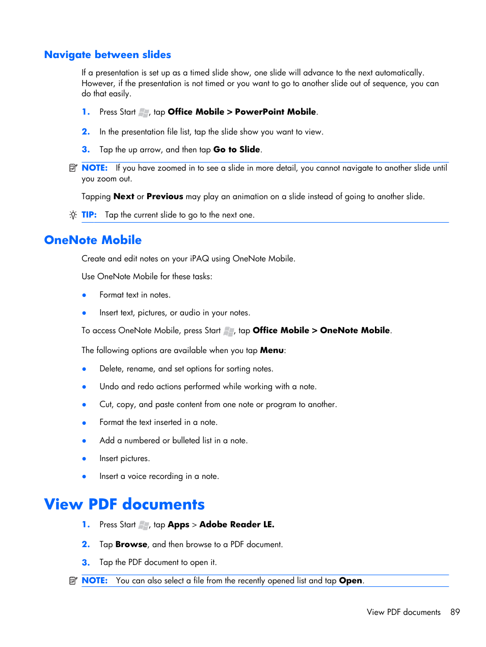 Navigate between slides, Onenote mobile, View pdf documents | HP iPAQ Glisten-AT&T User Manual | Page 101 / 185