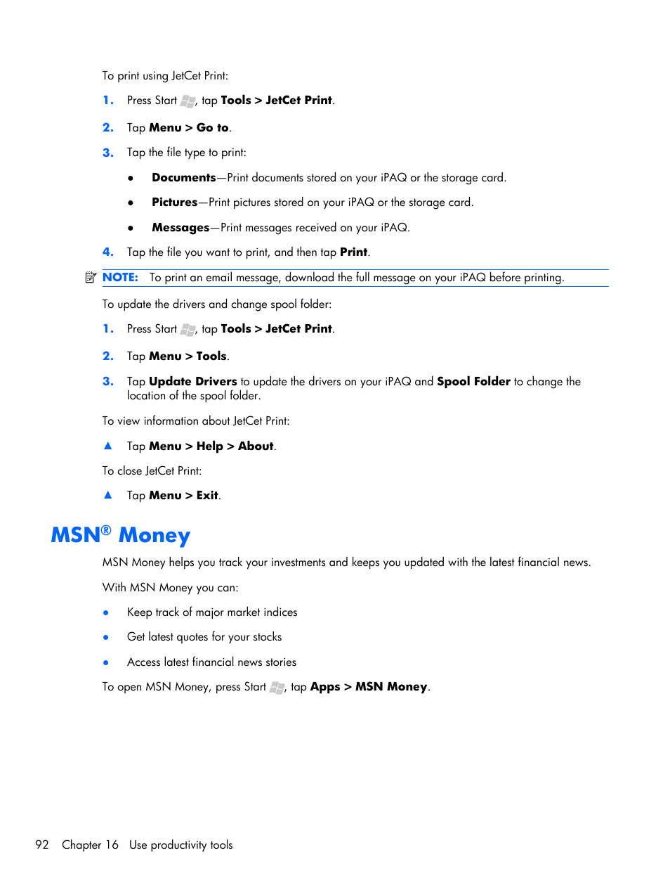 Msn® money, Money | HP iPAQ Glisten-AT&T User Manual | Page 104 / 185