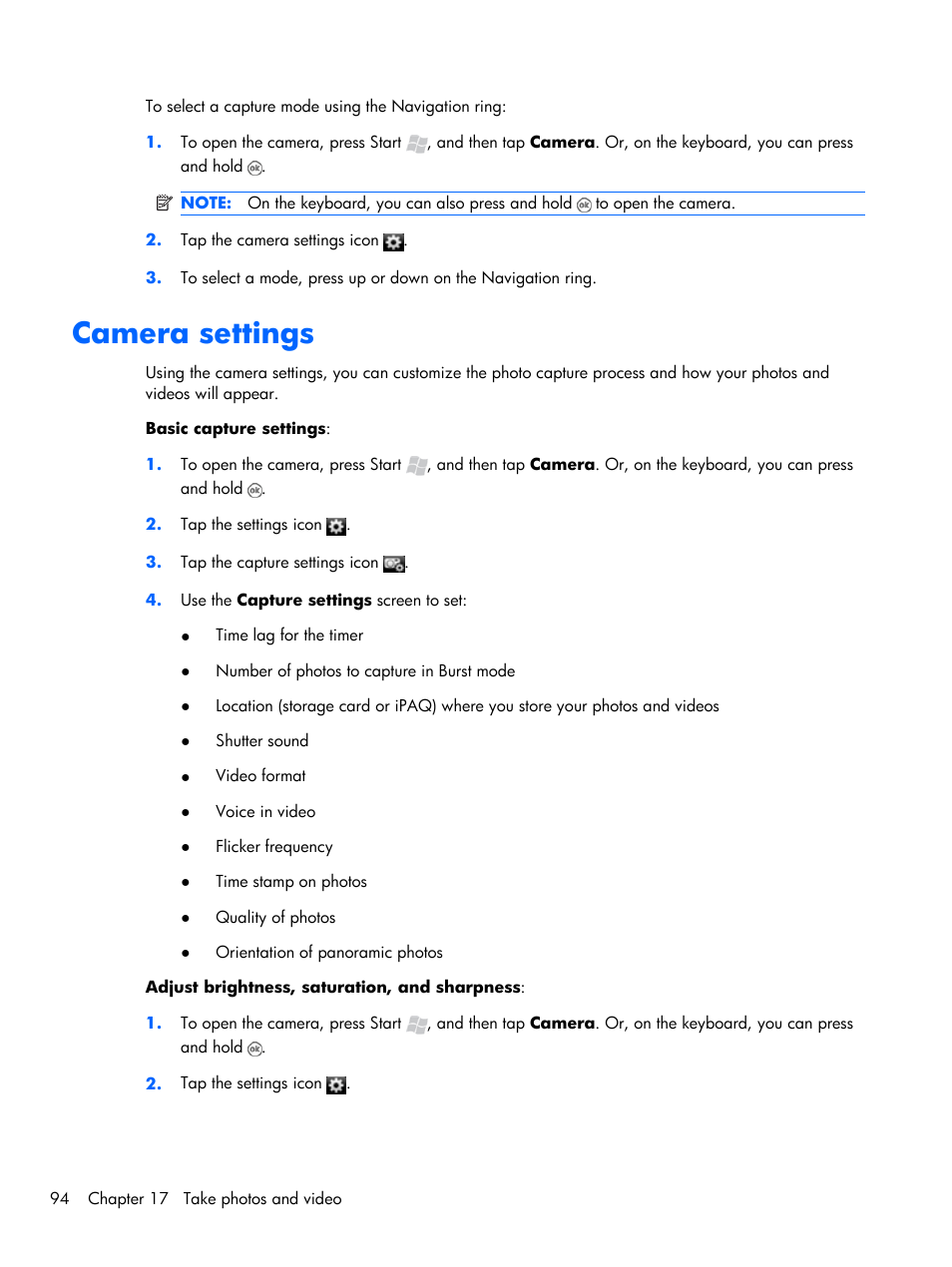 Camera settings | HP iPAQ Glisten-AT&T User Manual | Page 106 / 185
