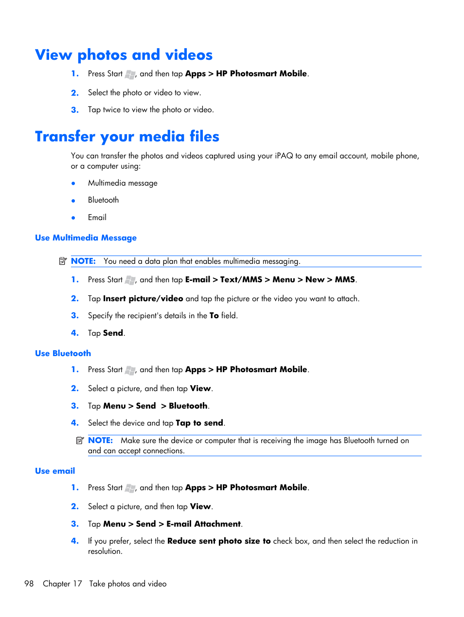 View photos and videos, Transfer your media files, View photos and videos transfer your media files | HP iPAQ Glisten-AT&T User Manual | Page 110 / 185